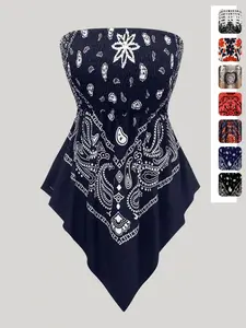 Plus Size Women's Strapless Towel Print Top, Ruffled Bohemian Style Pleated Hem Sleeveless Blouse, Casual Summer Fashion
