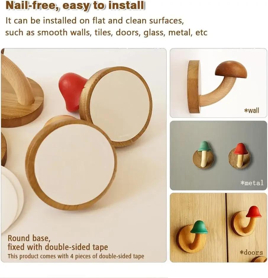 4PCS Wooden Mushroom Coat Hooks, Wall Mounted Towel Hanger, Solid Wood, Colorful, Set of Hooks with Screws (4 hooks & 8 screws)