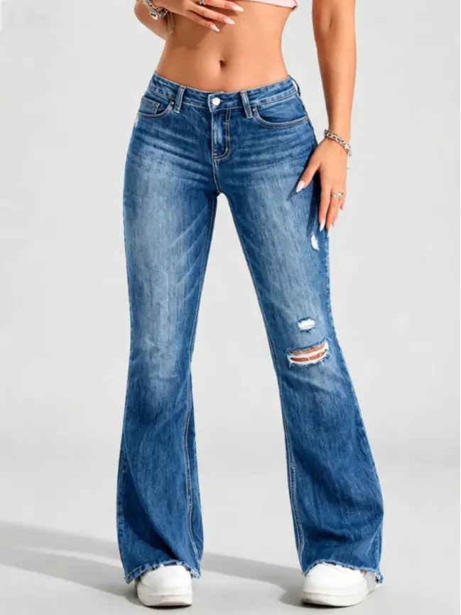 Women's Love Style Low-Rise Medium Wash Slim Stretch Flare Jeans - Side Multi-Ripped, Distressed, Raw Frayed Hem, Bell Bottom Denim Pants - Y2K Retro Streetwear