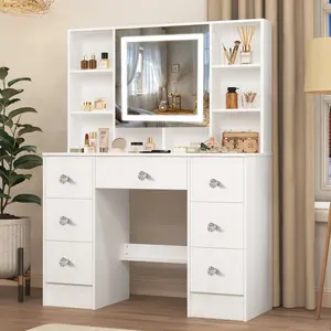 Vanity Desk with Mirror and LED Lights,7 Drawers Makeup Vanity Table with Storage Shelfs, 55in Big Vanity Dresser 3 LED Lighting Modes,Bedroom White