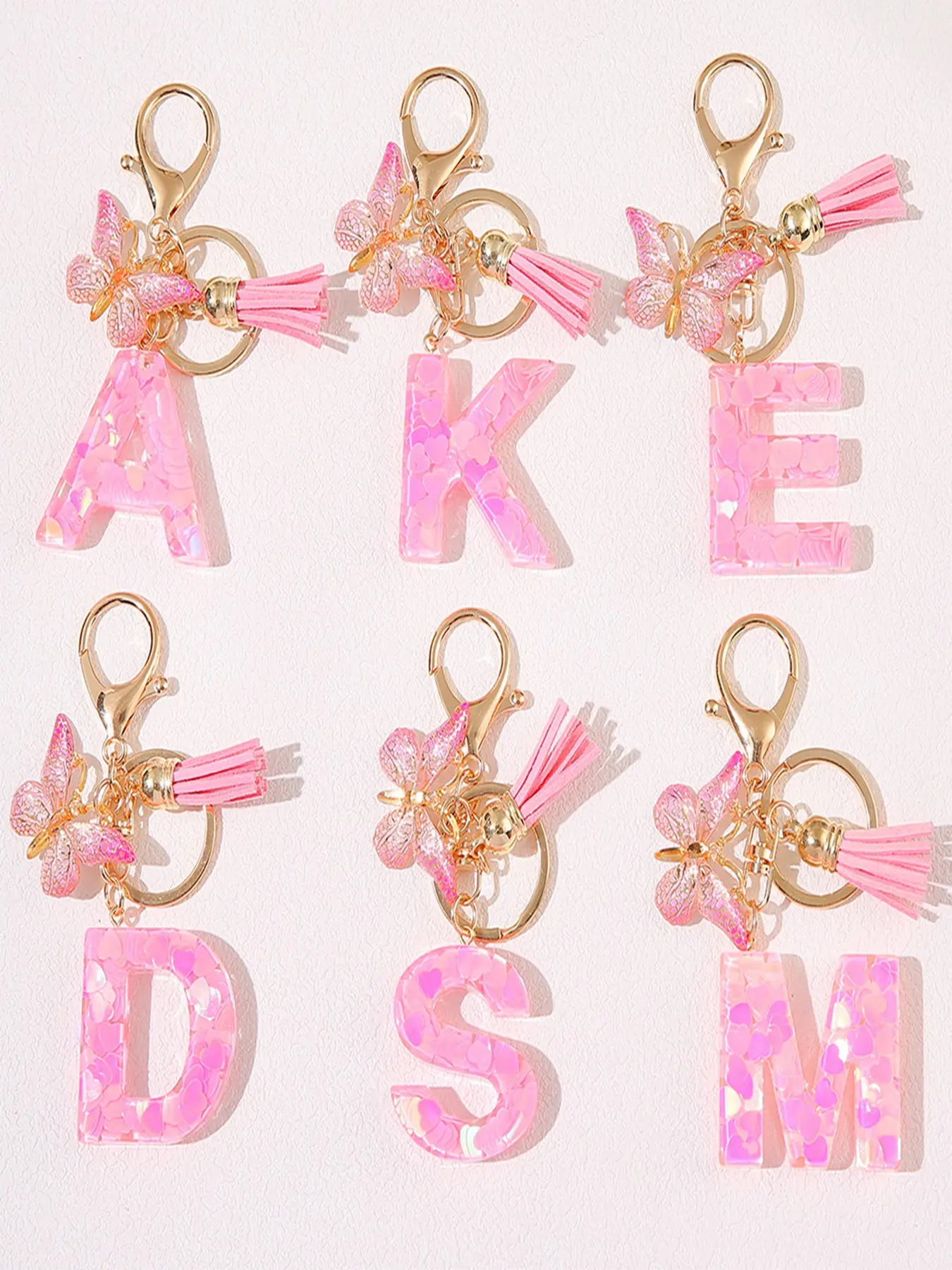 1PC, Initial Keychain Accessories, Cute Keychains For Car Keys, Love Heart Sequins Resin Epoxy English Letter Shape Pendant Keychain Purple Tassel Butterfly Additions Ladies' School Bag Gift Pendant Cute Keychain