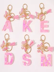 1PC/ Initial Key chain Accessories key rings Love Heart Sequins Resin Epoxy  English Letter Shape Pendant Key Chain Purple Tassel Butterfly Additions Key Ring Ladies' School Bag Gift Pendant Bling Bling Keychains Trendy Cute Keychain