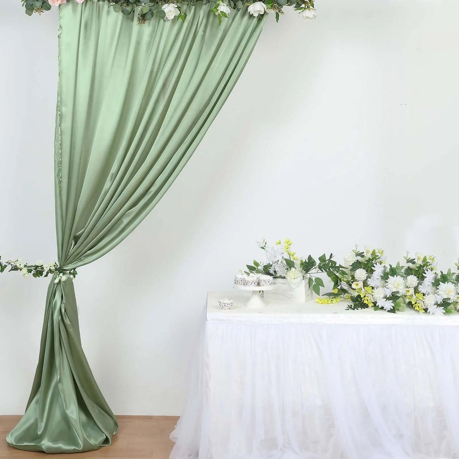 Sage Green Satin Festive & Party Supplies Backdrop Banner - 8ftx10ft Drape Curtain, Machine Washable Home Supply for Christmas, New Years Eve Photo Booth, Outdoor Event Divider Panel