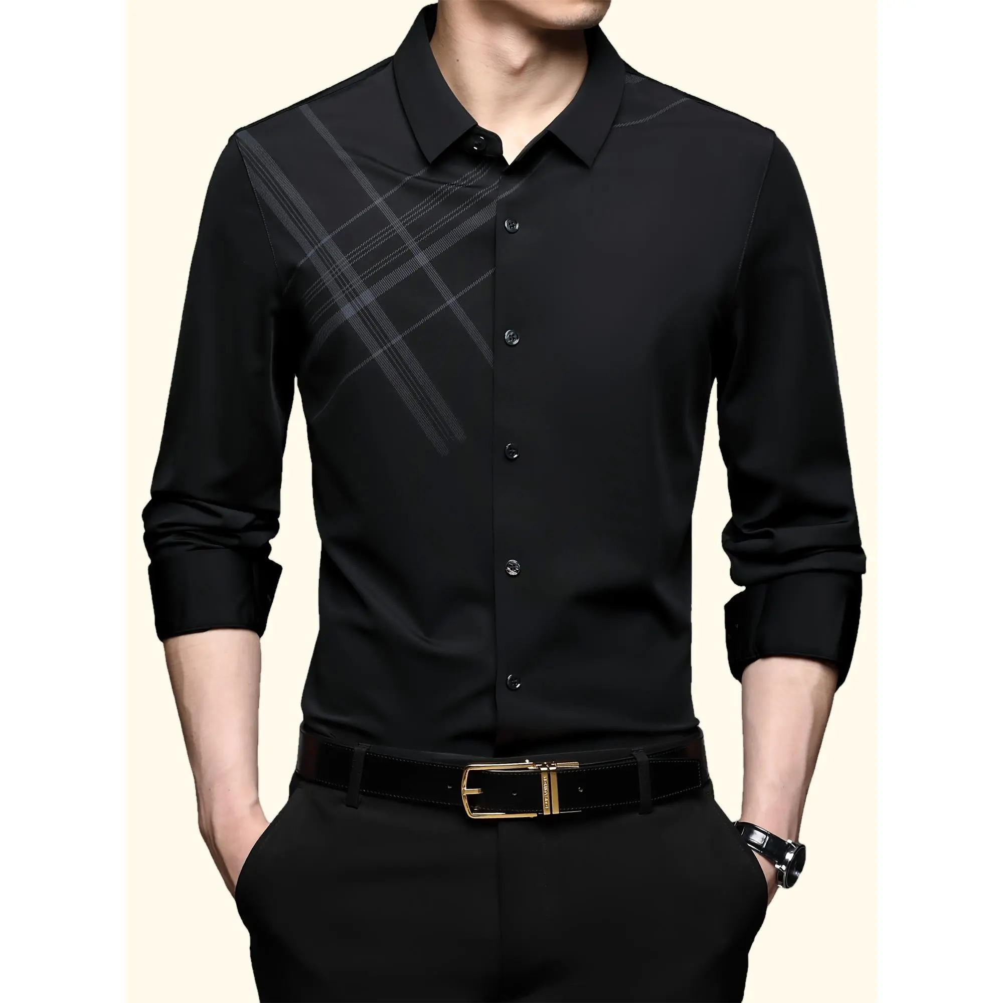 Men'S Casual Striped Shirt, Polyamide 78.60% Spandex 21.40% Blend, Long Sleeve, Regular Fit, Lapel Collar, Button Placket, Woven Fabric, Spring/Fall Season, No Padding, for Weekend Casual Occasions