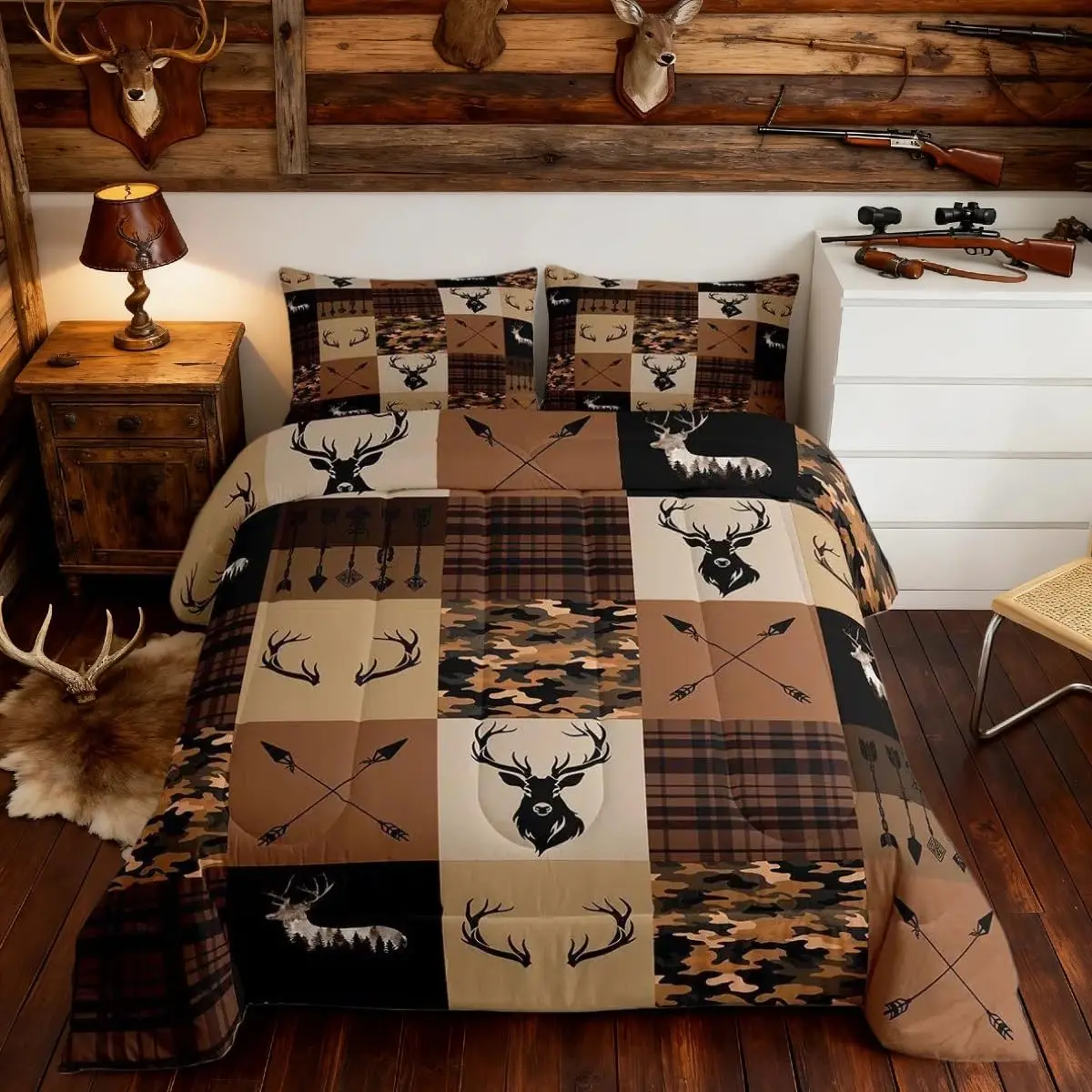 Feelyou Camo Deer Antlers Comforter Set - All Season Multi-Size Microfiber Bedding Set, Breathable Soft Lightweight, Comforter Queen Size, Travel-Friendly, Hunting Camouflage Bedclothes, Farmhouse Bedroom Decor