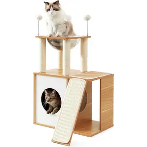 Made4Pets Cat Tree Modern Tower for Large Cats with Scratching Post Vesper Castle Climbing Furniture Wooden Design Natural Sisal Post and Ramp Comfort Fun Sturdy Safe Anti-slip Mat Easy to Install