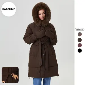 KatchMe Women's Cozy Fluffy Hooded Waist Tie Thermal Long Outerwear with Gloves, Basic Solid Color Zipper & Button Cotton Coat Outfit for Winter
