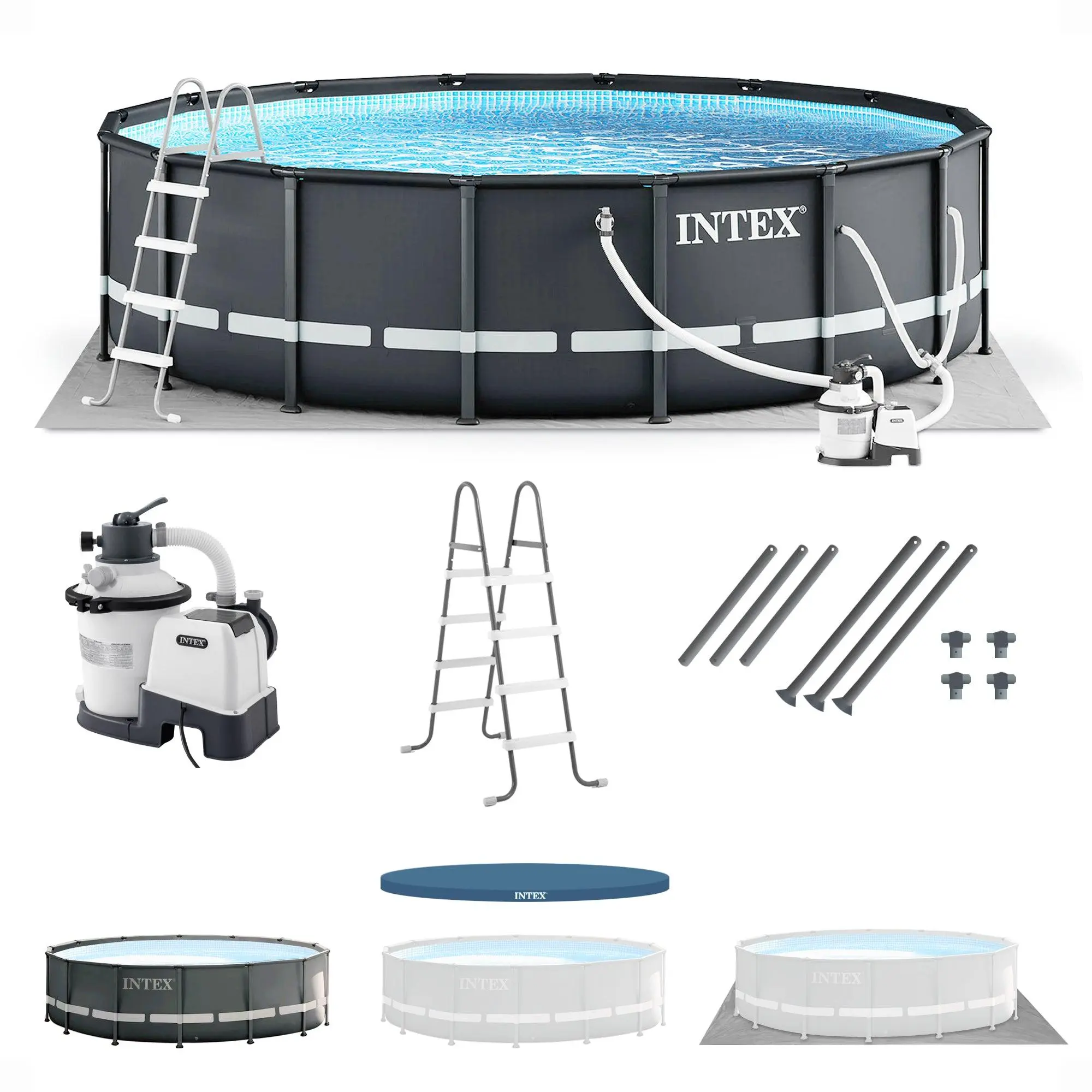 Intex Ultra XTR Frame 14' x 42" Round Above Ground Swimming Pool Set with Hydro Aeration Technology, Sand Filter Pump, Ladder, Ground Cloth & Pool Cover