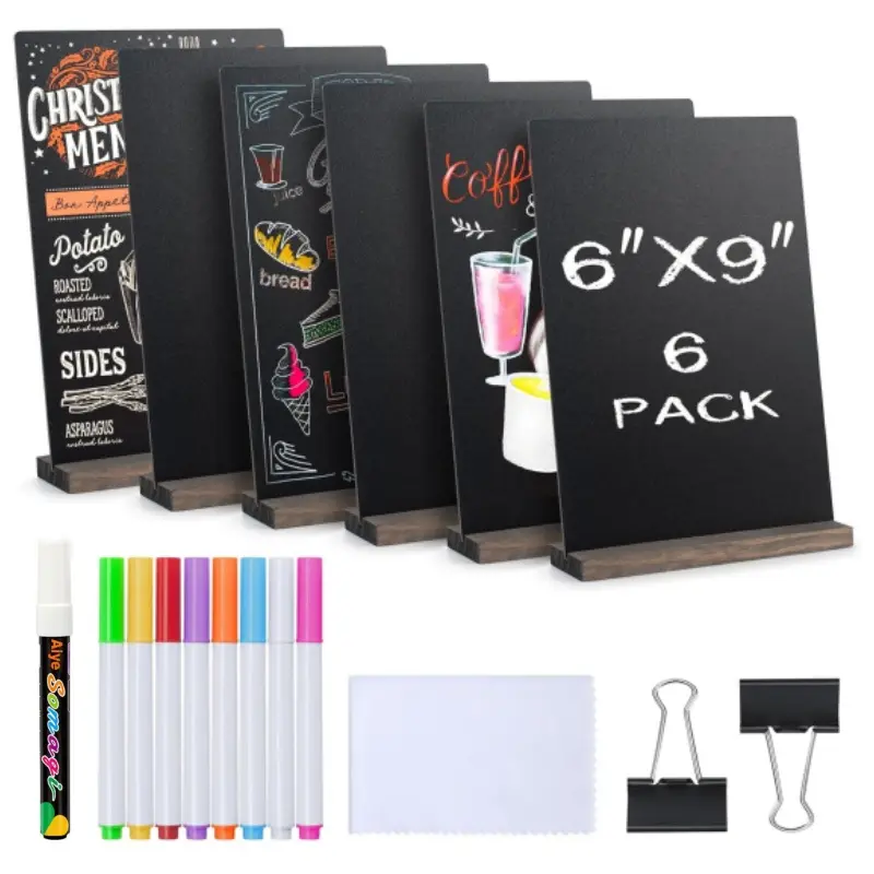 6-Pcs Reversible Chalkboard Set with Base Bracket, Reusable Write/Erase Mini Blackboards for Restaurant Menus, Party & Wedding Decorations