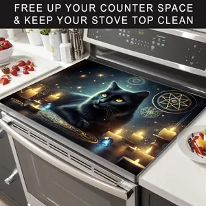 1pc mysterious black cat style stove cover, heat-resistant and anti slip pad, suitable for protecting induction cookers, tile stoves and kitchen countertops, stove countertop water absorbing and heat-insulating pad, oven pad, Kitchen Decorative Placemat