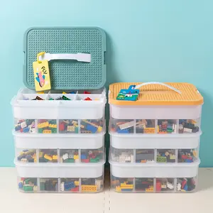 3-layer Building blocks storage box,Stackable toy storage box with lid, includes base plate game box, multi-compartment plastic sorting container, suitable for board games, blocks, and handicrafts,Organizer