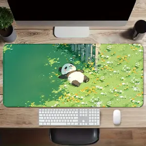 1 pc Large Adorable Panda Theme Green Mouse Pad HD Print Durable Locked Edge Non-slip Rubber Washable Pads for PC Office Computer Gamer Extra Long Computer Accessory for Gamer Stylish Study and Workstation Decoration Mats Playmat XXL Keyboard Desktop Mat