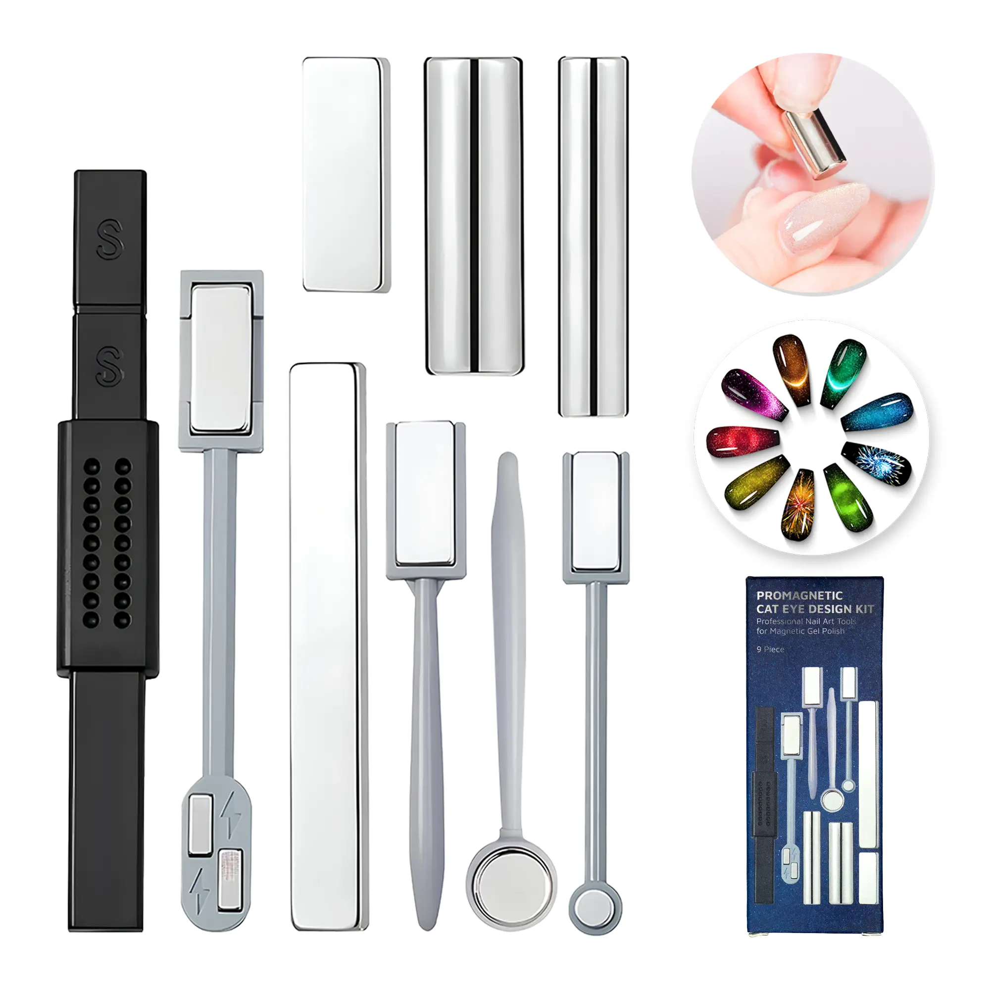 RUBY VIBE CO ProMagnetic Cat Eye Design Kit - 9 Piece Multi-Functional Cateye Magnetic Nail Art Tools with Strong Magnetic Force for 3D Shimmer Effects with Precision, Compatible with All Magnetic Gel Polish