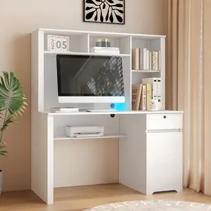 Computer Desk with Hutch & Bookshelf,Wood Executive Desk Teens Student Desk Writing Laptop Home Office Desk with Drawers,3 AC Outlets and 2 USB Charging Ports,Study Laptop Table for Home(White)