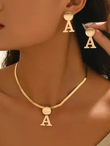 2-Piece Simple Snake Skin Chain Necklace and Letter a Pendant Earrings Set, Fashionable Jewelry Set, Versatile Everyday Jewelry Gift for Festivals