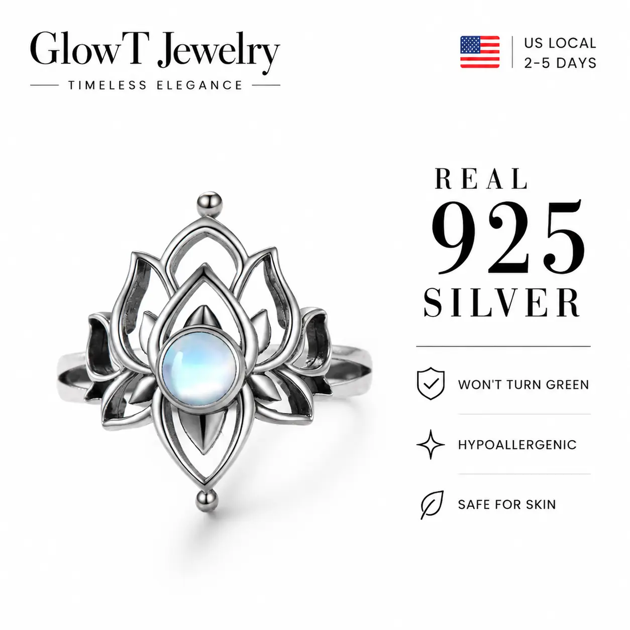 925 Sterling Silver Moonstone Lotus Witch Ring | Lunar Protection & Intuition Jewelry for Modern Witches