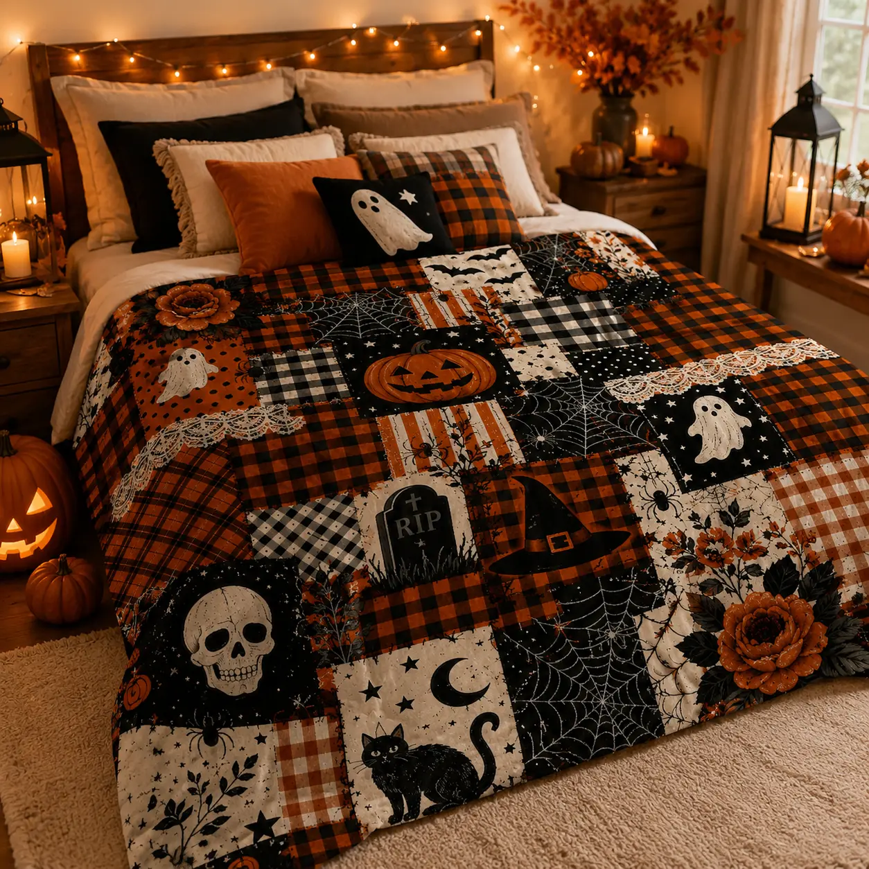 Halloween Patchwork Blanket, Fall Decor 2026 Custom Pumpkin Ghost Buffalo Plaid Spooky Fall Cozy, Halloween Decorations 2026, Vintage Halloween Decor
