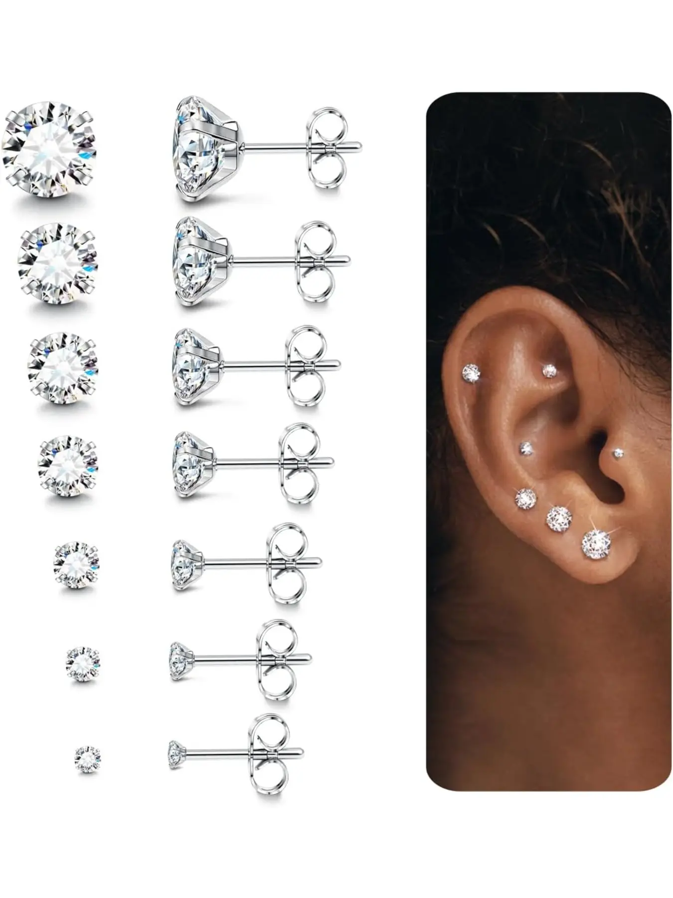 6-7 Pairs Earrings Set, Earring Pack, Stud Earrings Jewelry for Men and Women, Screwback Earrings, Stainless Steel, Zirconia, Hypoallergenic, All Seasons, Fashion Accessories