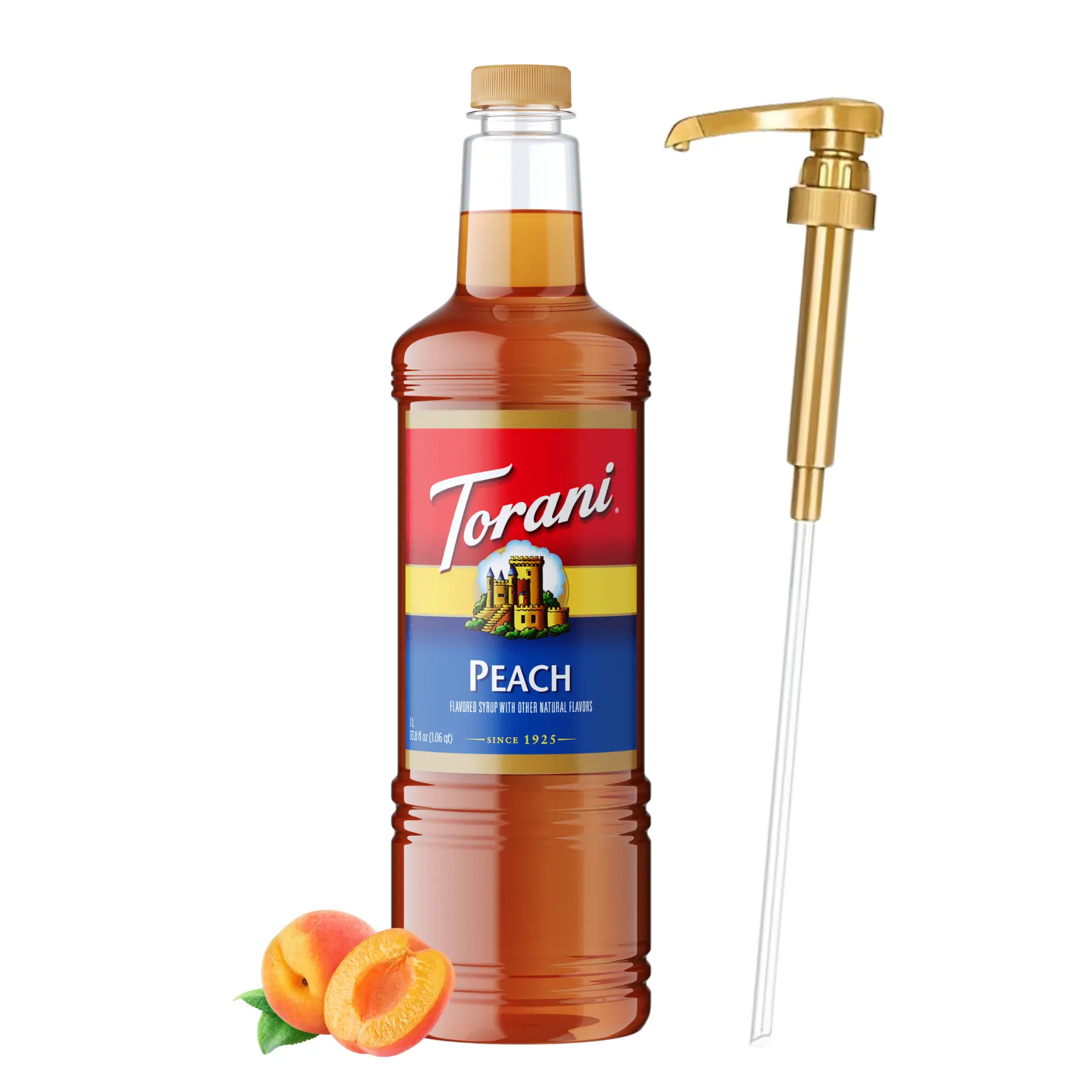 Torani Peach Fruit Syrup, 1L BPA-Free Bottle with Pump - Premium Beverage Flavoring Made with Pure Cane Sugar & Natural Flavors for Lemonades, Teas, Desserts