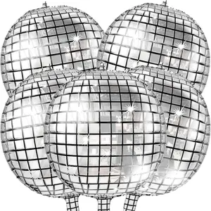 5 count Big  Disco Ball Balloons, 22 Inch, Disco Party Decorations, 4d Foil Sphere Balloons for 70s Theme Decor, Graduation Dance Party Decorations