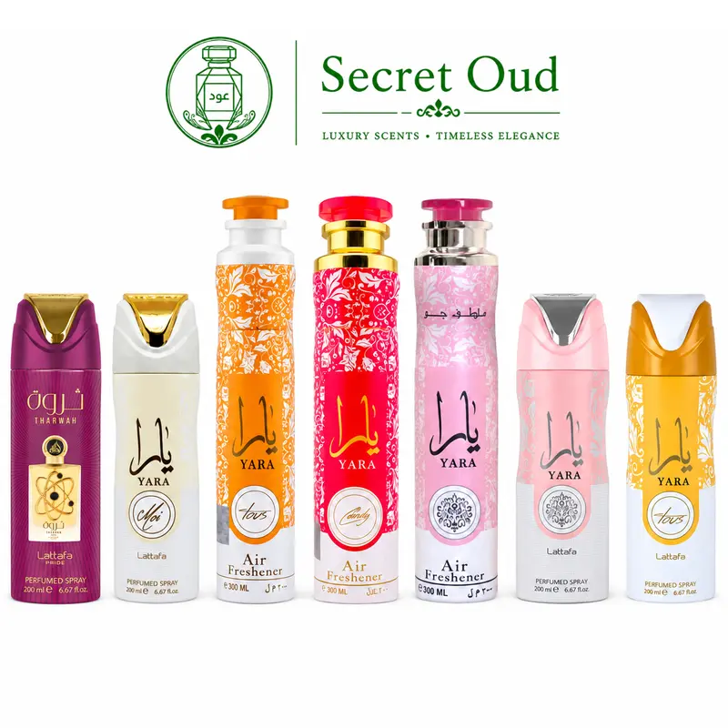 Yara Candy air freshener + Tharwah deodorant + Yara Deodorant + Yara Air Freshener + Yara Tous Air Freshener + Yara moi deodorant + Yara Tous deodorant ---- 7-piece bundle