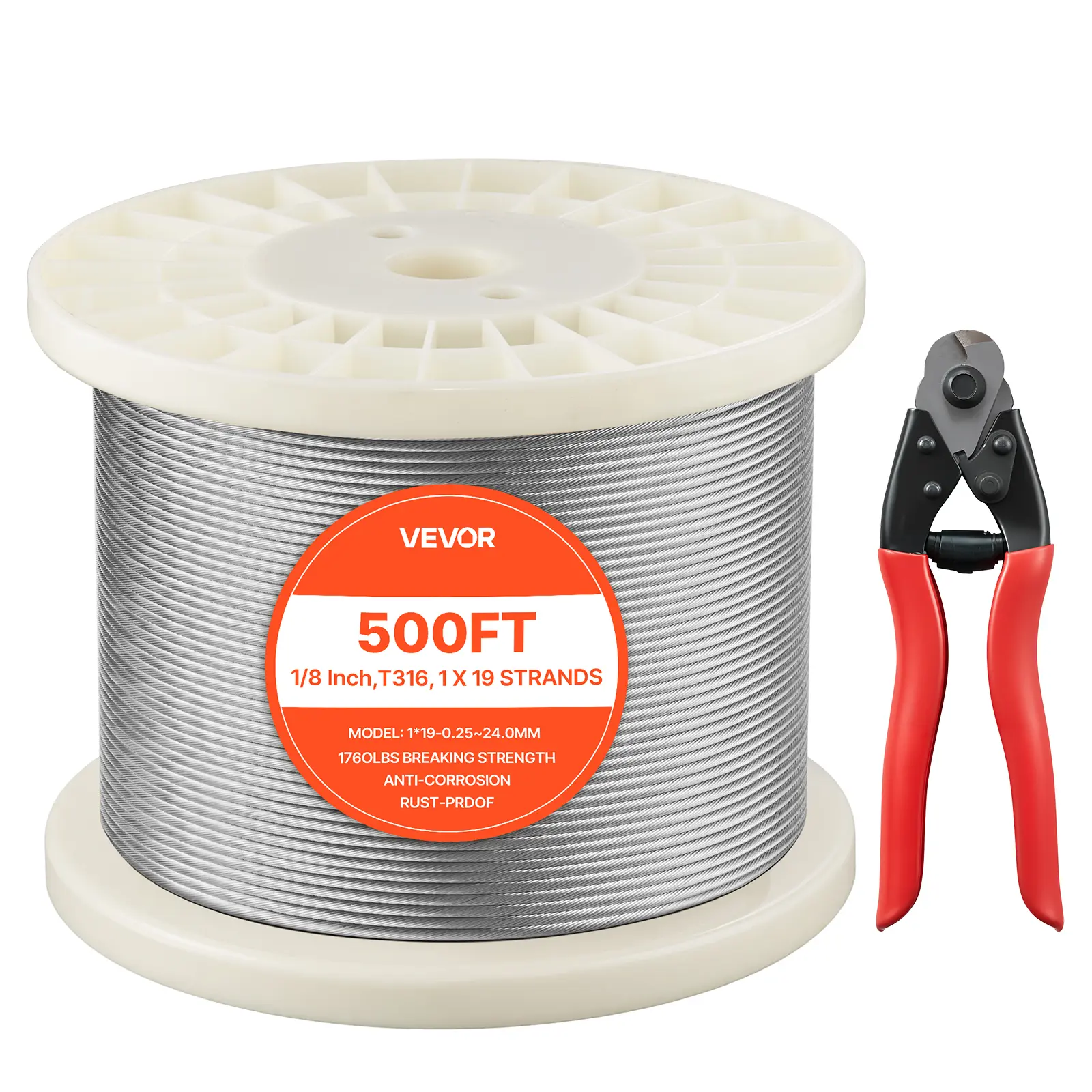 VEVOR 1/8 in 316 Stainless Steel Wire Rope, 500 ft 1x19 Strands, 1760 lbs Breaking Strength with Burr-Free Ergonomic Cable Cutter, for Home Light Hanging, Vine Trellises, Deck Railing System