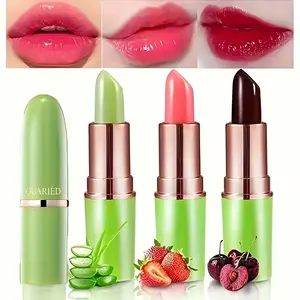 3pcs 24H Color-Changing Lip Balm, Lip Care & Lipstick Effect - Aloe Vera Enriched, Hypoallergenic Matte Finish, 24H Long-Lasting Moisture with Strawberry, Nude Shades - Sensitive Light Beige Safe, On-the-Go Hydration