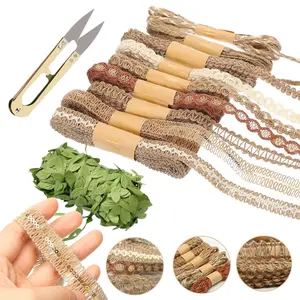 9 Rolls Jute Ribbons Lace Craft Ribbon with 1 Pcs Mini Scissors,Total 18 Meters Lace Craft Ribbon for Crafts Wraping Gifts Party Holiday and Rustic Wedding Decor,DIY Hand Tools Kits