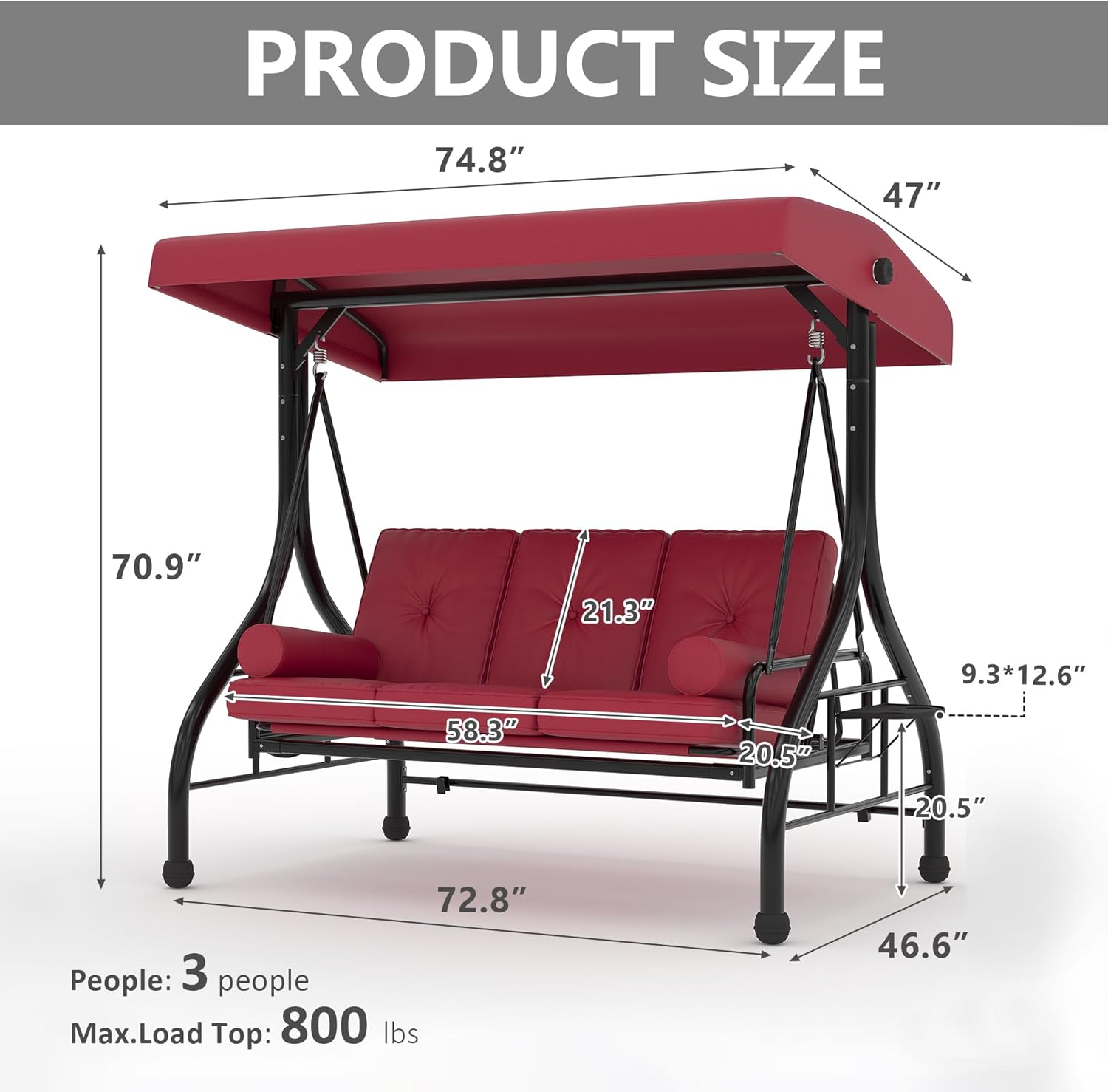 Outdoor Porch Swing with Adjustable Canopy, 3-Seat Patio Swing Chair with Stand, 800LBS Heavy Duty Outdoor Swing for Adults with Cup Holder Tray, Cushion & Pillows, Patio Swings with Canopy for Garden Outdoor Porch Swing with Adjustable Canopy, 3-Seat Patio Swing Chair with Stand, 800LBS Heavy Duty Outdoor Swing for Adults with Cup Holder Tray, Cushion & Pillows, Patio Swings with Canopy for Garden