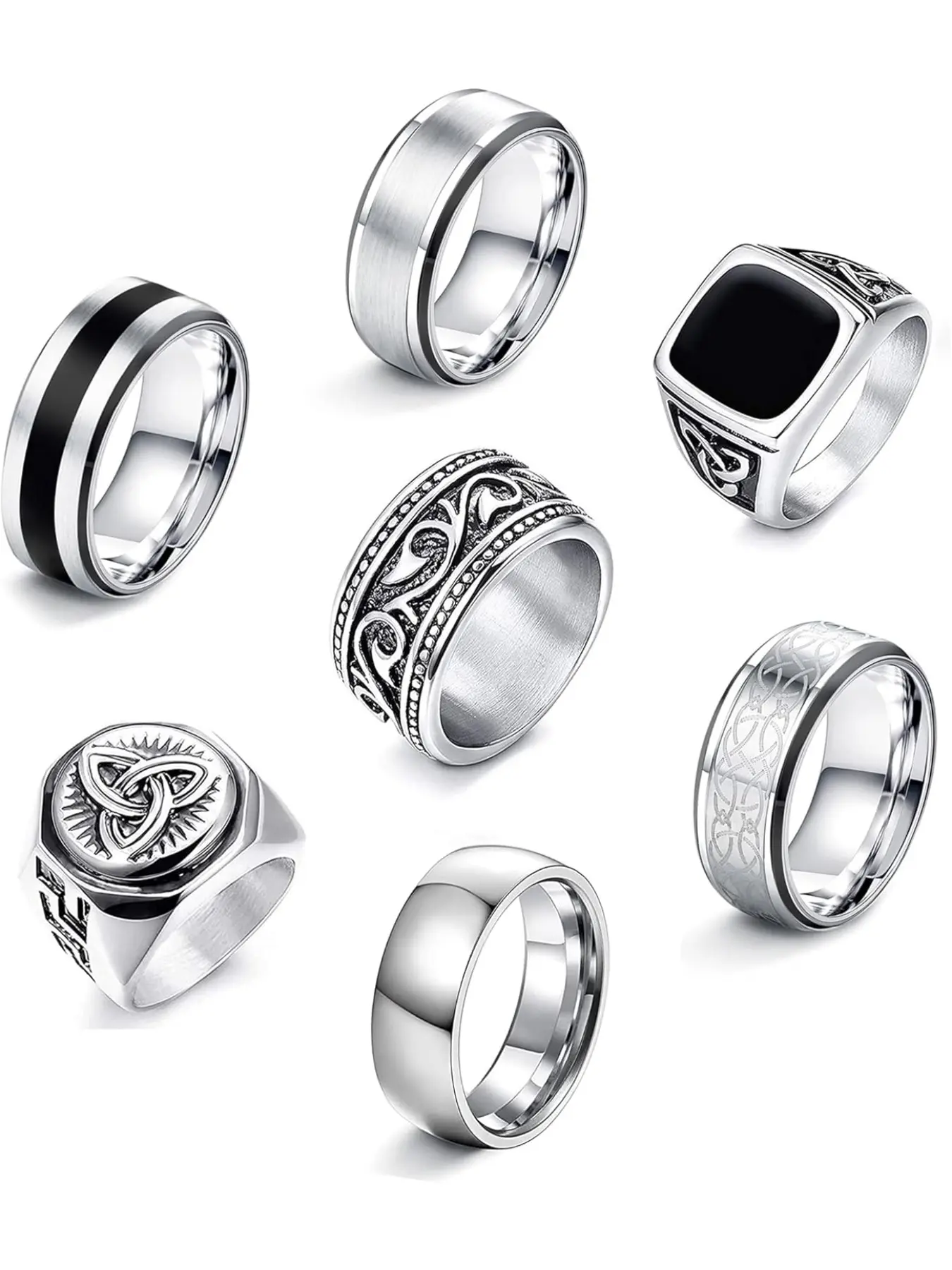 Men's Stainless Steel Rings Set, Metal Ring, Stackable Finger Rings, Silver Color Matte Finish, Celtic Knot Design, Vintage Style, Gothic Biker Jewelry for Men, Men Accessories