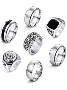 Men's Stainless Steel Set, Silver Color Matte Finish, Celtic Knot Design, Vintage Style, Gothic Biker Jewelry for Men, Dark Aesthetic Rings