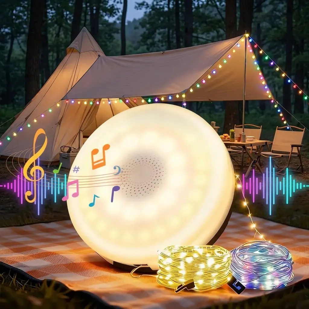 RGB Bluetooth Speaker Camping String Lights - Portable Wireless Outdoor Stereo with 7 Lighting Modes, Retractable LED Atmosphere Lights for Tent, Yard, Halloween Party