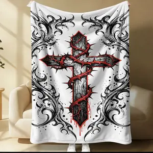 Gothic Thorn-Wrapped Cross & Blood Drip Print Flannel Blanket, Dark Art Filigree Cross Collage Throw Blanket, Cozy Soft Warm Blanket for Bed & Couch, Bold Gothic Gift Blanket for Alternative & Dark Style Enthusiasts