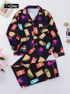 2-piece snack set, potato chips, hot dogs, printed long sleeved shirt, long pants, soft, comfortable, smooth top, small pocket, button closure, elastic waistband, casual wear, Loungewear, pajamas, Nightwear