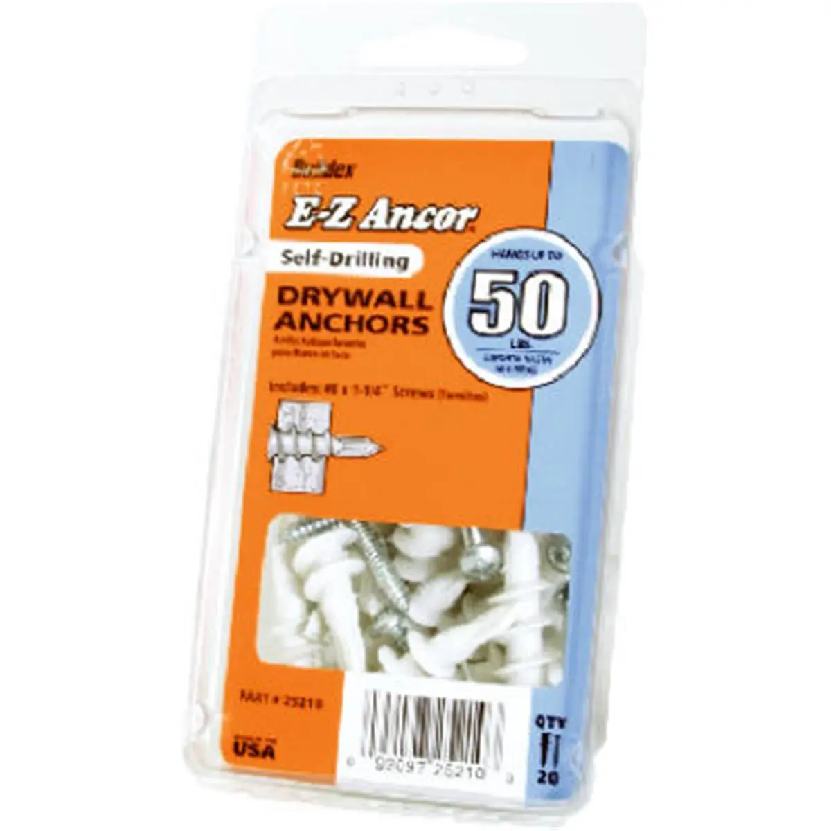 E-Z Ancor No. 50 Self-Drilling Plastic Drywall Anchors, 6-Pack, Provides Secure Anchoring in Drywall Holes for Home Improvement, 0.3 Lbs, 2 X 2.88 X 5.63 In