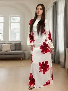 New Muslim Women's New Chinese Watercolor Floral Print Long Modest Islamic Abaya, Textured Flowy Fit Islamic Dress, Middle East Style, Daily Wear