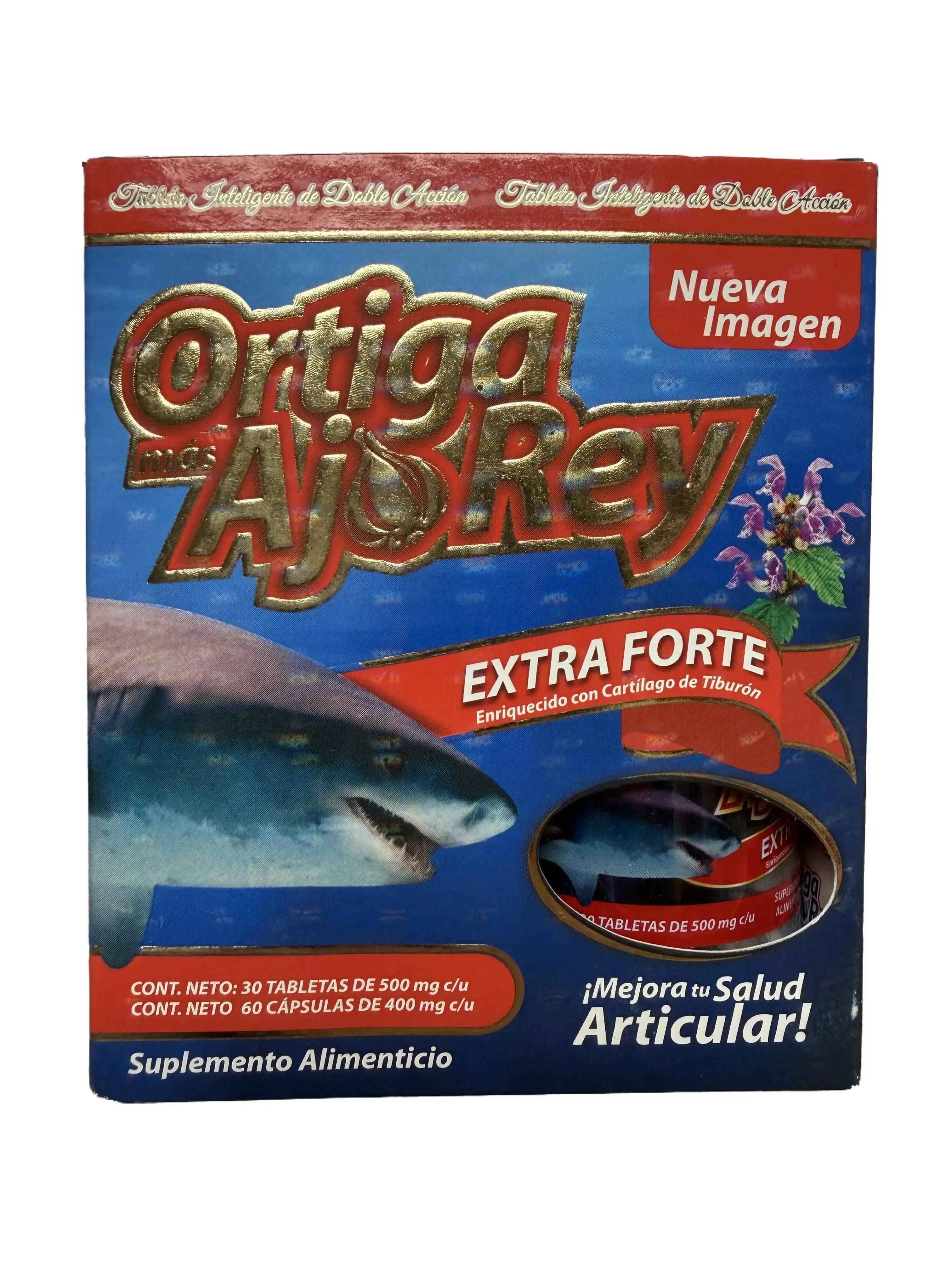 Ortiga Mas Ajo Rey Extra Forte Vitamin Dietary Supplement, Enriched with Cartilago de Tiburon, 2 Bottles (30 Tablets Each)