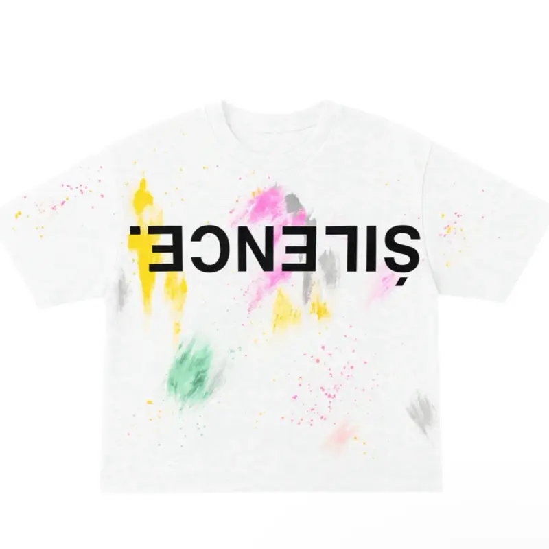 Silence Tee Shirt with Colorful Paint Splatter Design for Casual Wear Menswear Man