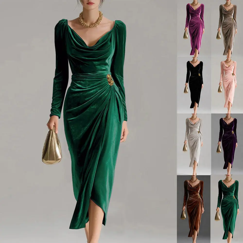 Petal's Long-Sleeved Pleated Floor-Length Velvet Dress W/ Slit