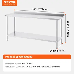 VEVOR 24x 72x 36 Inch Stainless Steel Work Table, Commercial Food Prep Worktable Heavy Duty Prep Worktable, Metal Work Table with Adjustable Height for Restaurant, Home and Hotel