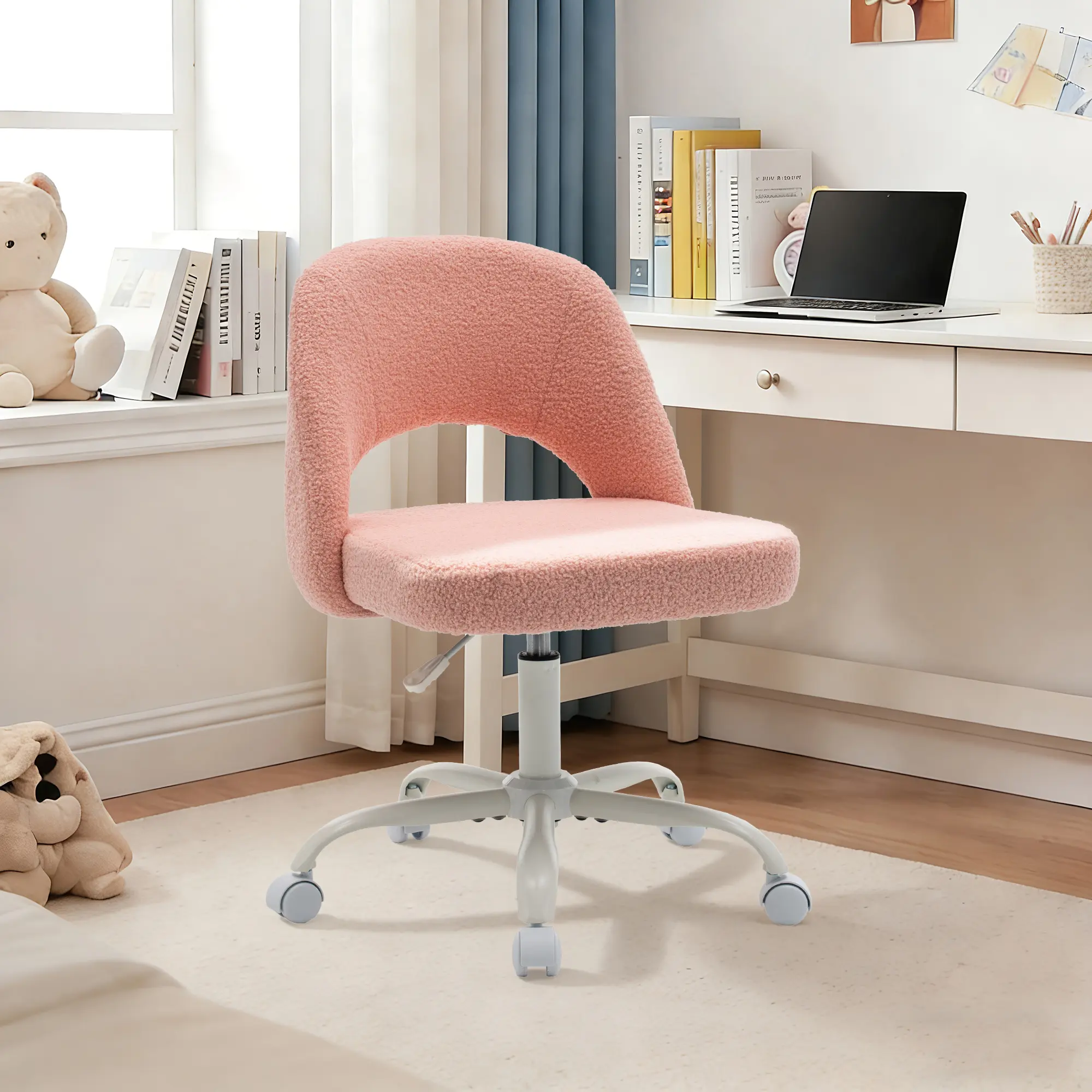RIMIKINGRIMIKING Upholstered Bouclé Vanity Chair with 360° Swivel, Adjustable Height, Ergonomic Backrest, and Silent Casters,5005