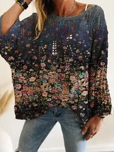 Women's Casual Knit Top, Colorblock, Floral Pattern, Long Sleeve Batwing Design, Perfect for Spring & Summer, Ideal for Daily Wear