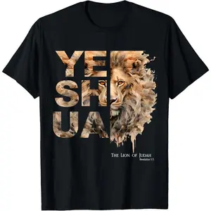 100% Cotton Unisex Yeshua, Lion of Judah, Jesus, God, Bible Verse, Revelation T-Shirt Casual Graphic Printed Vintage Tshirt