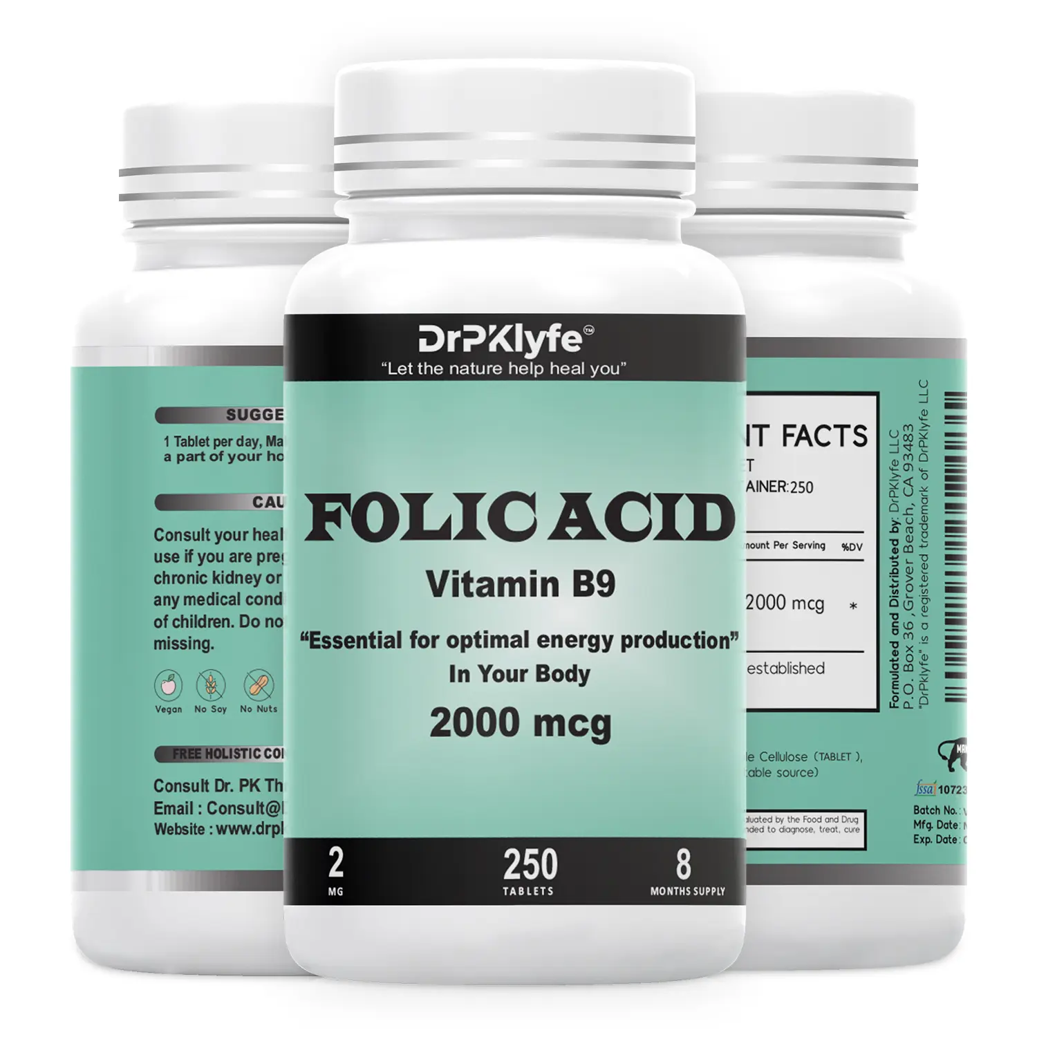 DrPKlyfe Folic Acid 2000 mcg | Vitamin B9 | Supports Heart, Brain & Red Blood Cells | 250 Vegan Tablets | Non-GMO