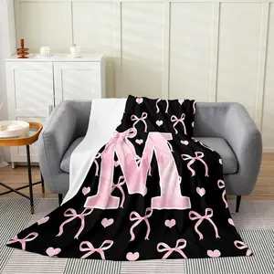 Initial Letter A-Z Flannel Blanket Throw for Girls, Black Pink Alphabet Flannel Blanket, Monogrammed Gifts for Daughter Women Teen Girls,Customized Blanket for Bedding Bedroom Office,multiple Size