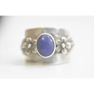 Blue Lapis ring Size 5.25 cigar band flowers leaves pinky sterling silver BoHo women