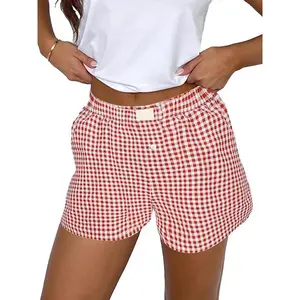 Women's Plaid Print Patched Decor Button Front Elastic Waist Shorts, Casual Comfy Straight Leg Shorts for Summer, Ladies Back To School Bottoms for Daily Wear, Shorts for Women, Downtown Girl Clothes Preppy 80s Clothes