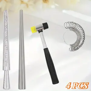 4Pcs/Set Ring Sizer Mandrel Measuring Tool,Steel Ring Sizing Gauge Sizers Set,Rubber Jeweler's Mallet Hammer,Metal Finger Size Stick,Wire Wrap Rings Tools,Jewelry Making Kit