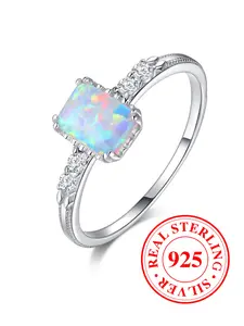 S925 sterling silver ring, square imitation opal engagement rings for women stackable design, daily wear jewelry, Valentine's Day gift (with box), Stackable Style, Square Shape Ring
