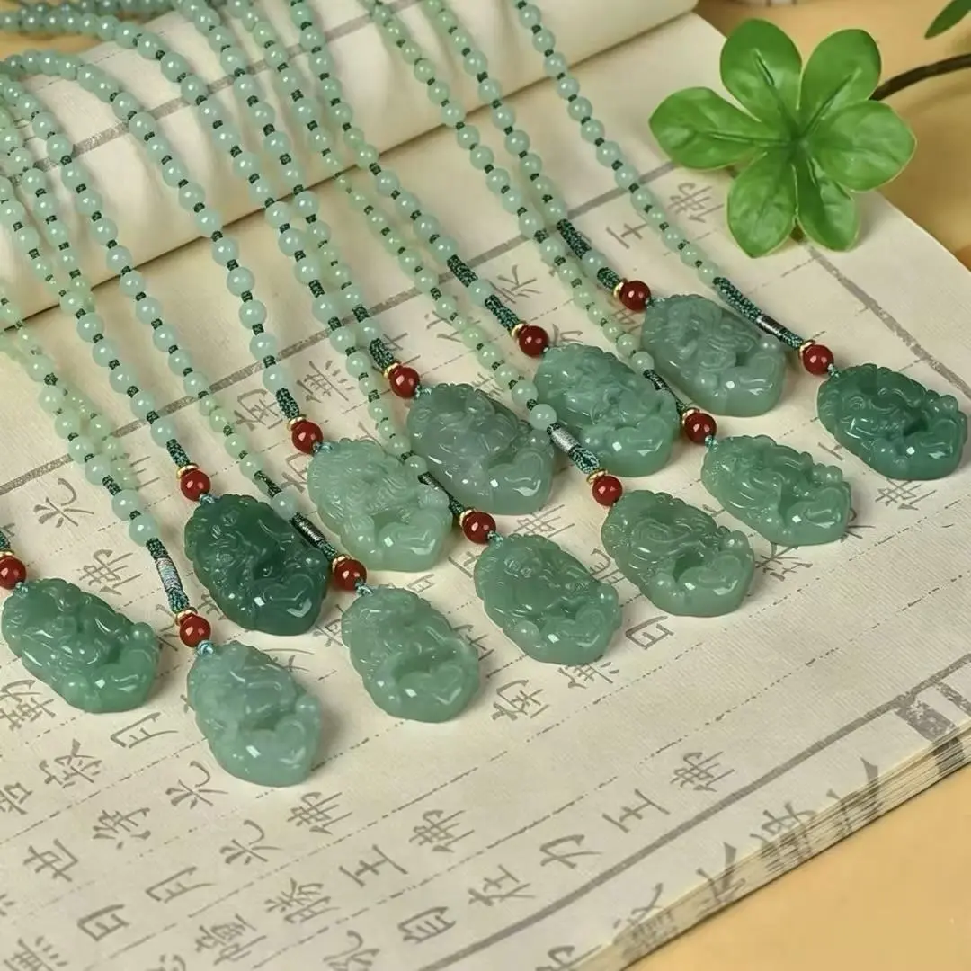 Green Jade Chinese Zodiac Pendant Necklace, Hand-Carved Natural Green Jade,Natural Green Donglin Jade Zodiac Pendant Necklace with Beaded Chain